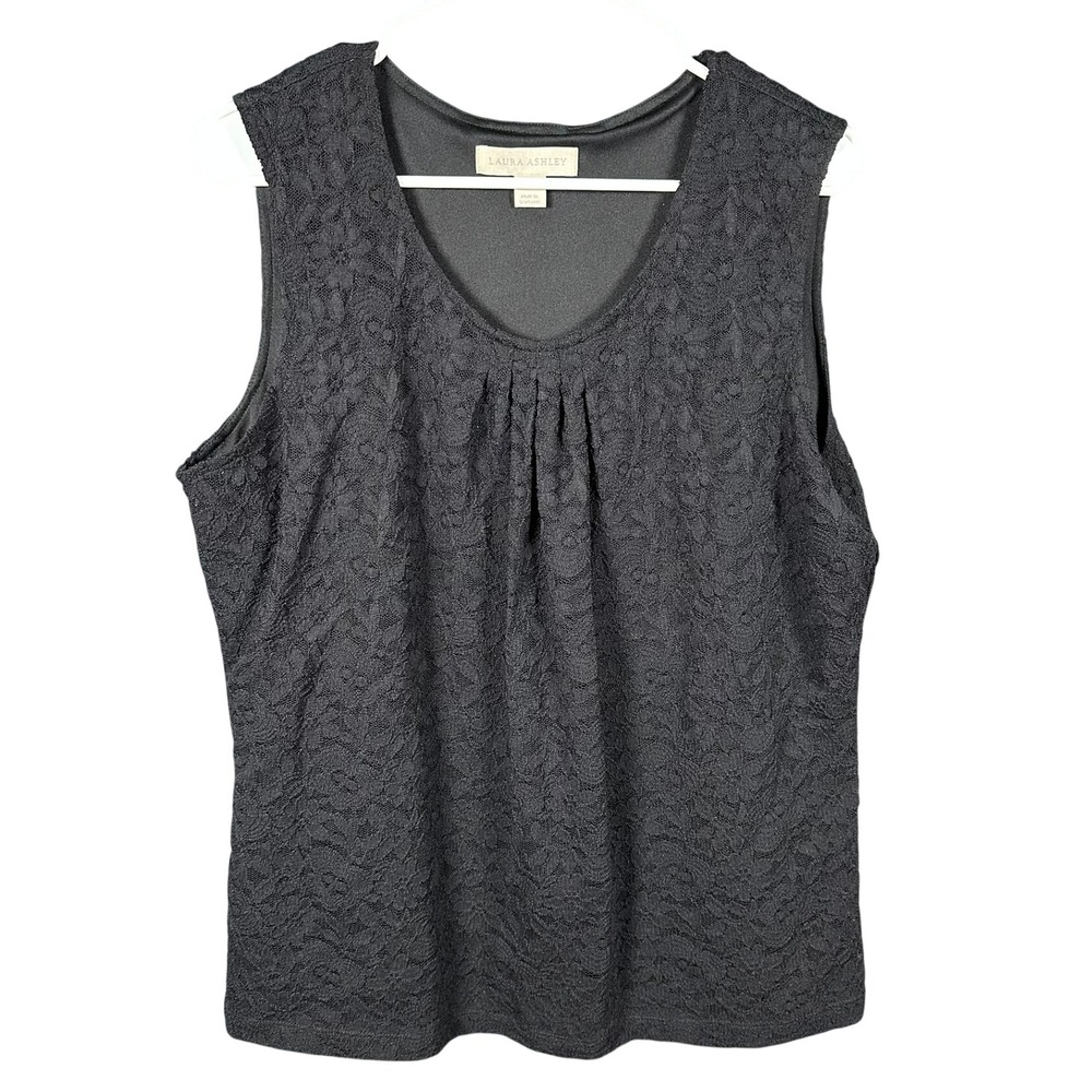 Laura Ashley Womens XL Black Floral Lace Sleeveless Pleated‎ Scoop Neck Top NEW